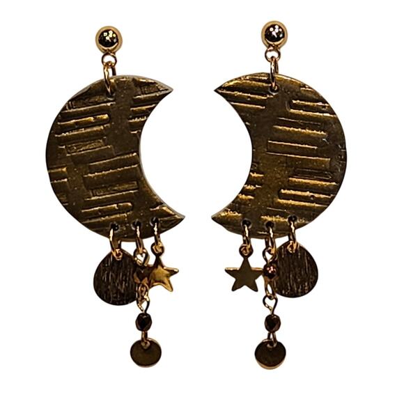 Moon Dangle Earrings Bookstack Embossed Cottagecore Read Boho Handmade Clay - Picture 1 of 5